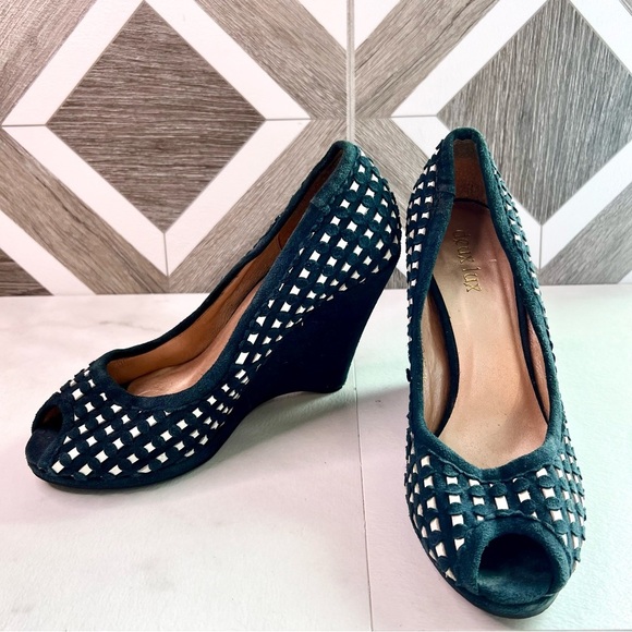 Duex lux vintage y2k suede black woven checkered peep toe wedge size 38 black - Picture 2 of 12